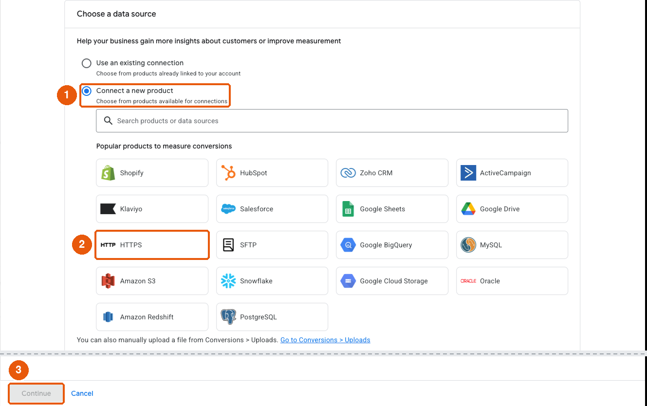 Connect a product panel with Connect a new product and the HTTPS tile highlighted