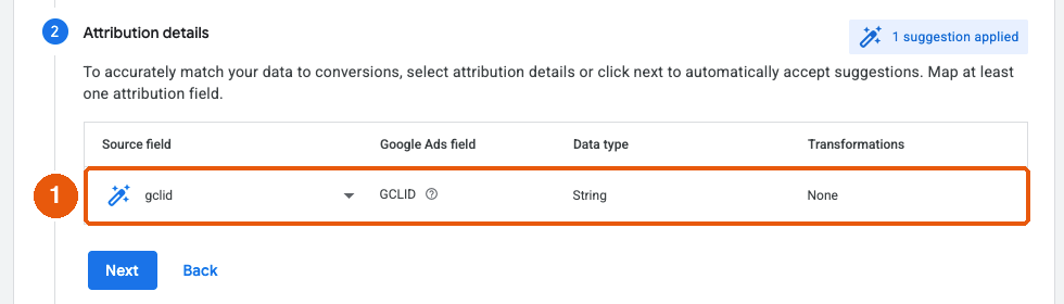 Attribution details group with gclid mapped to GCLID